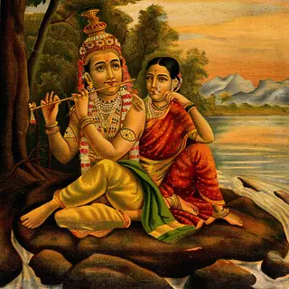नदी किनारे पेड़ों की छाँव में मुरली बजाते हुए श्रीकृष्ण, और पास बैठकर मुरली सुनतीं राधा जी