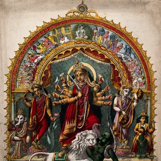 सिंह पर सवार, महिषासुर का वध करती हुईं दशभुजा दुर्गा जी; साथ में लक्ष्मी जी, सरस्वती जी, गणेश जी और कार्तिकेय जी