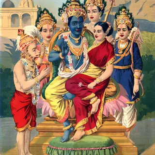 राम दरबार: सिंहासन पर विराजमान राम जी और सीता जी के सामने हाथ जोड़े खड़े हनुमान जी