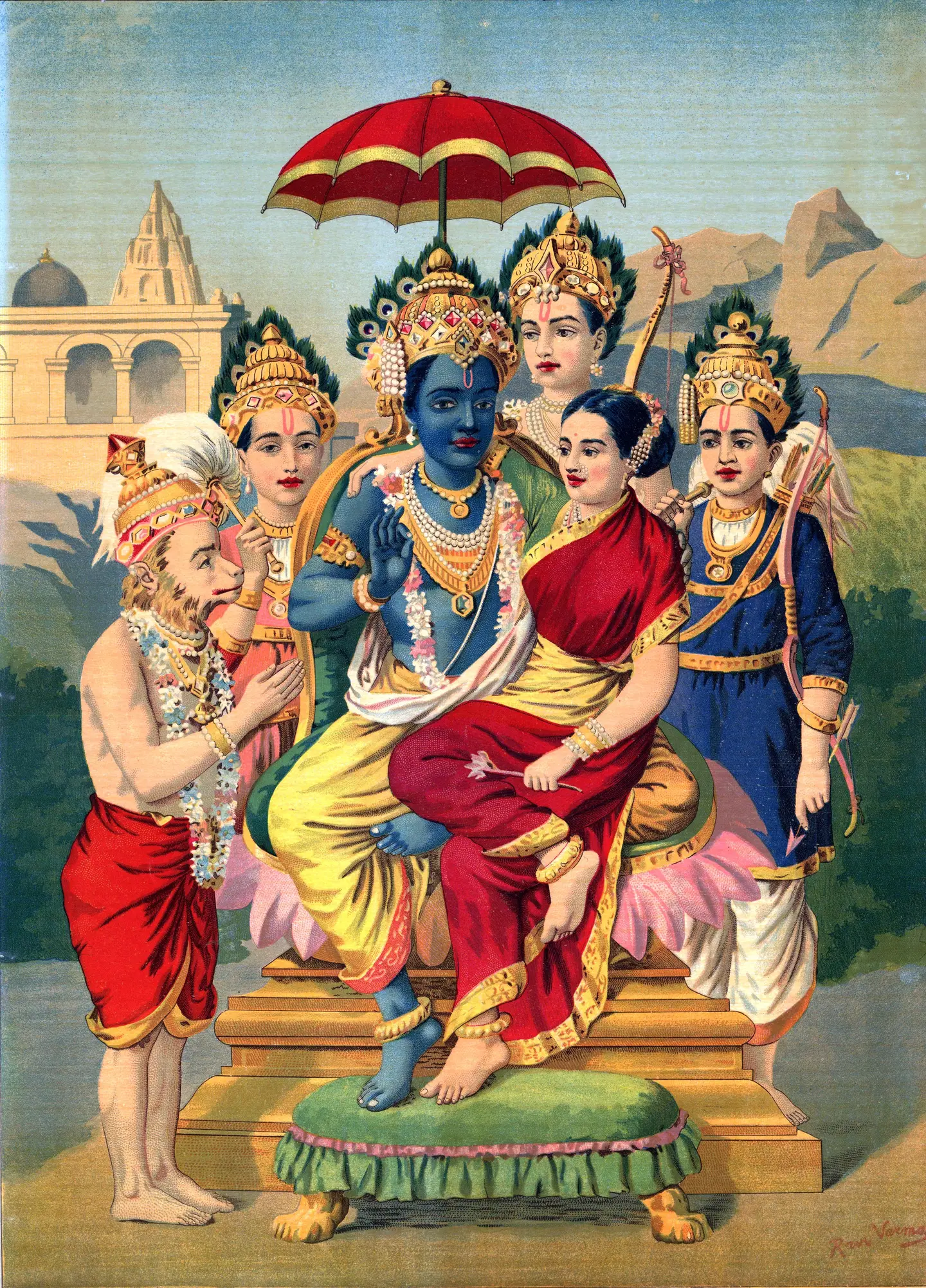 राम दरबार: सिंहासन पर विराजमान राम जी और सीता जी के सामने हाथ जोड़े खड़े हनुमान जी