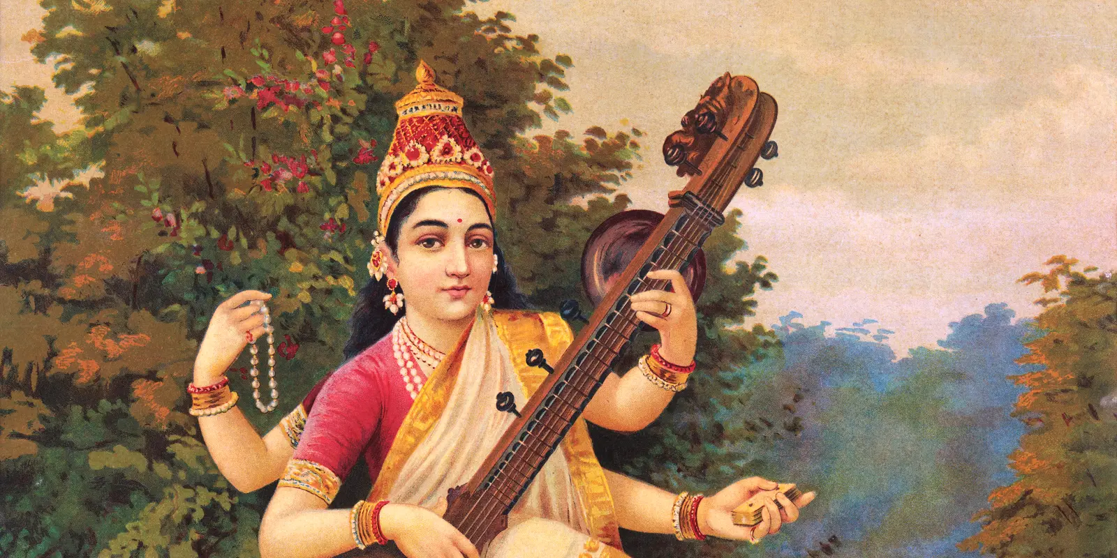 वीणा बजातीं माँ सरस्वती, हाथों में माला और पोथी