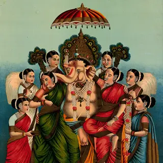 छत्र के नीचे सिंहासन पर विराजमान गणेश जी, दोनों ओर उनकी पत्नियाँ और आसपास सेविकाएँ