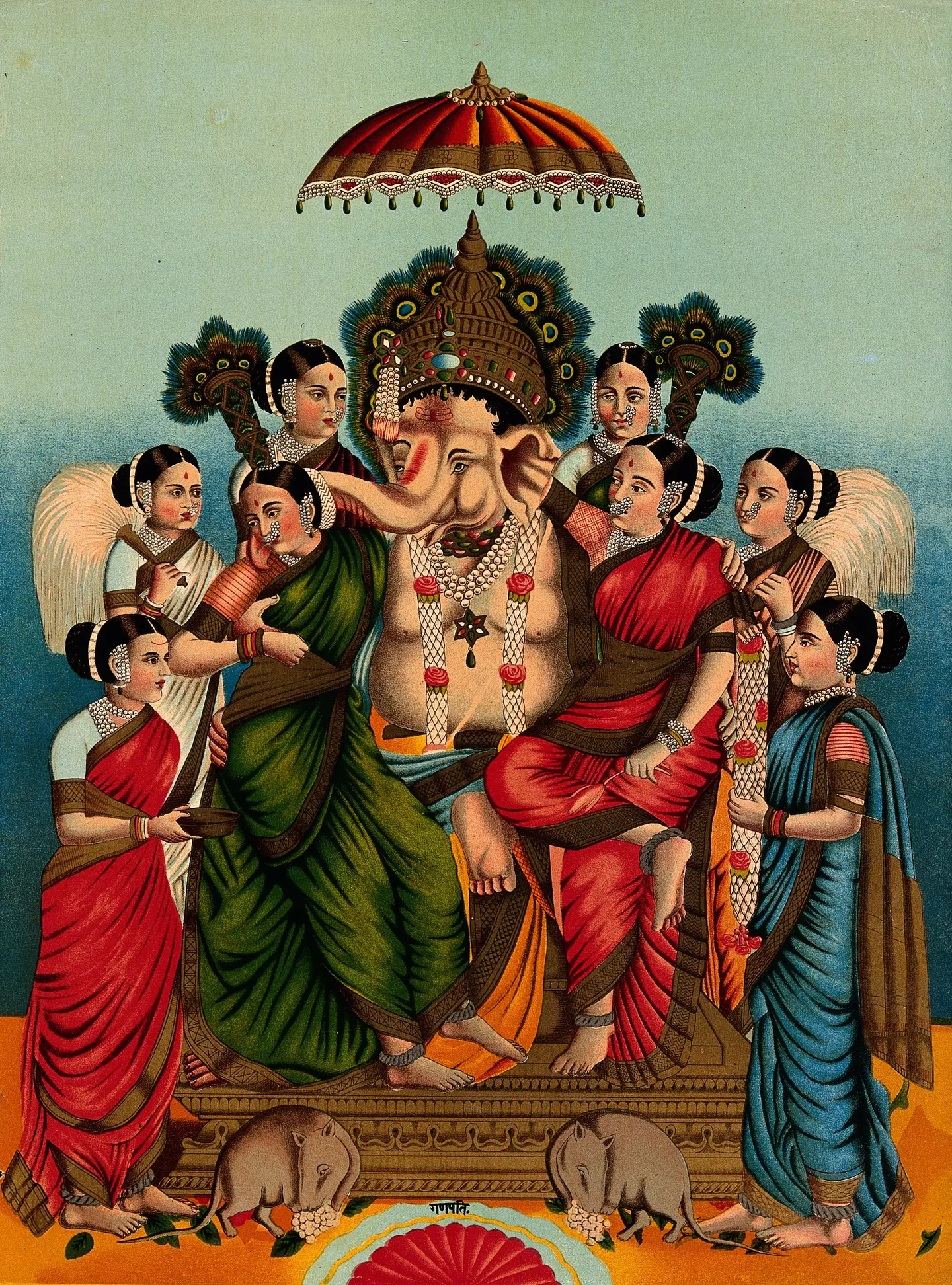 छत्र के नीचे सिंहासन पर विराजमान गणेश जी, दोनों ओर उनकी पत्नियाँ और आसपास सेविकाएँ