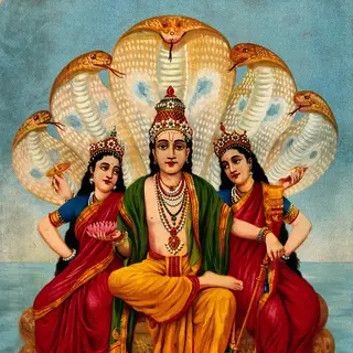 जल पर शेषनाग के आसन पर विराजमान भगवान विष्णु, दोनों ओर उनकी दो पत्नियाँ