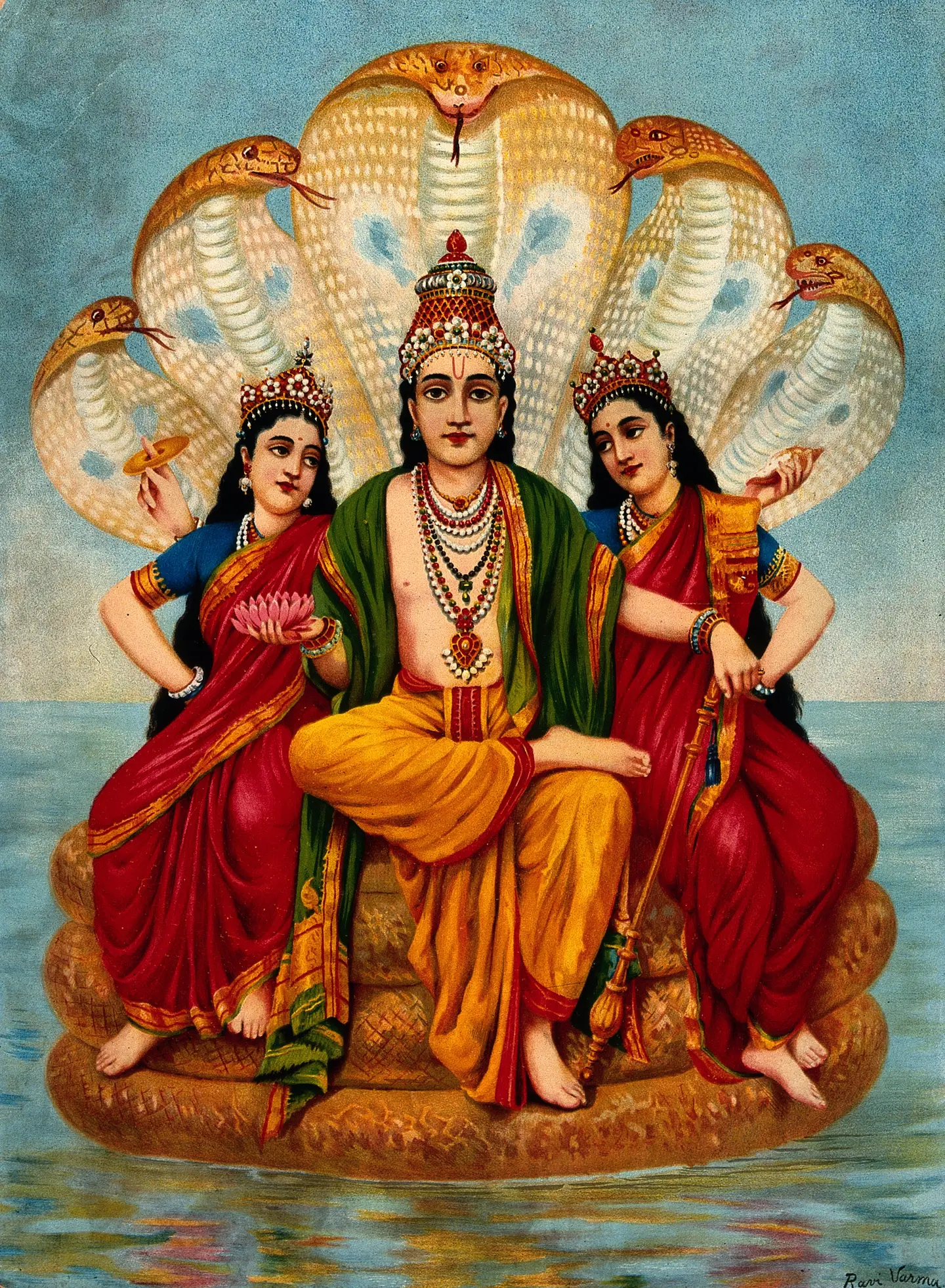 जल पर शेषनाग के आसन पर विराजमान भगवान विष्णु, दोनों ओर उनकी दो पत्नियाँ