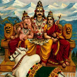 कैलास पर्वत पर विराजमान शिव जी, पार्वती जी और गणेश जी, सामने बैठे नंदी जी
