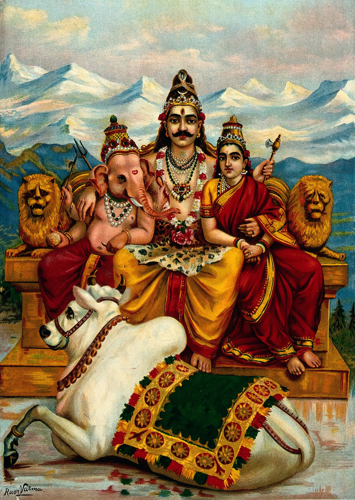 कैलास पर्वत पर विराजमान शिव जी, पार्वती जी और गणेश जी, सामने बैठे नंदी जी